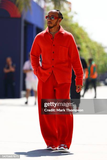 Lewis Hamilton of Great Britain and Mercedes walks in the Paddock during previews ahead of the F1 Grand Prix of Bahrain at Bahrain International...