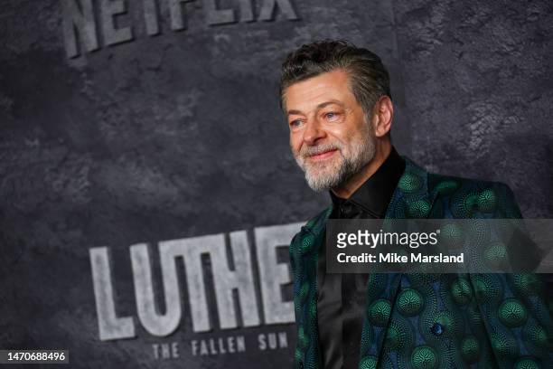 Andy Serkis arrives at the global premiere of "Luther: The Fallen Sun" at BFI IMAX Waterloo on March 01, 2023 in London, England.