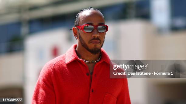 Lewis Hamilton of Great Britain and Mercedes walks in the Paddock during previews ahead of the F1 Grand Prix of Bahrain at Bahrain International...