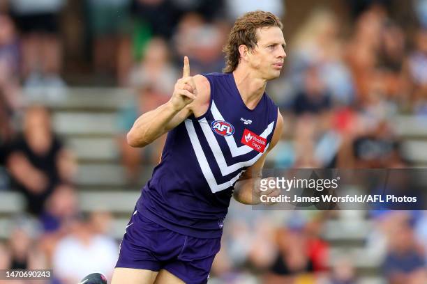 Nat Fyfe of the Dockers celebrates his goal during the AFL Practice Match between the Fremantle Dockers and the Port Adelaide Power at Fremantle Oval...