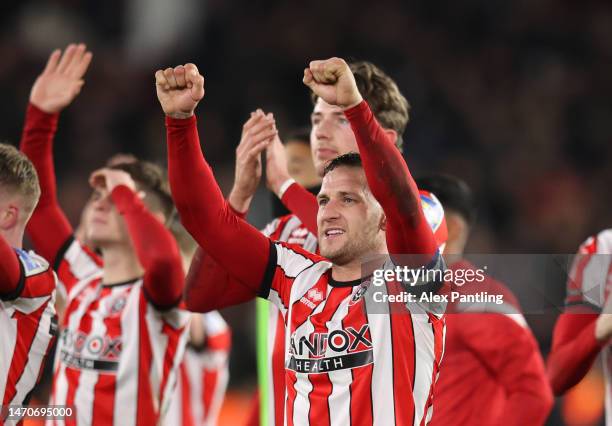 Billy Sharp of Sheffield United celebrates victory during the Emirates FA Cup Fifth Round match between Sheffield United and Tottenham Hotspur at...