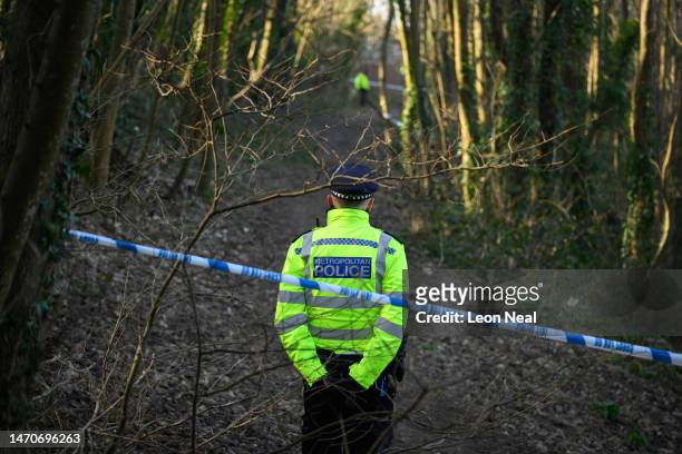 Police officer stands at a cordon around the location where it is believed the body of a missing baby was found, on March 02, 2023 in Brighton,...