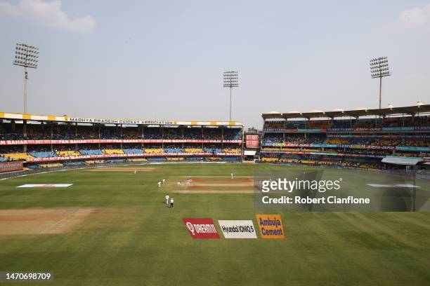 General view during day two of the Third Test match in the series between India and Australia at Holkare Cricket Stadium on March 02, 2023 in Indore,...