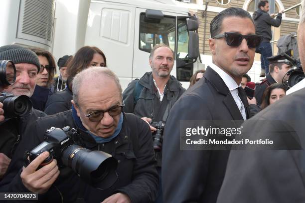 Fabrizio Corona attends the funeral of italian journalist Maurizio Costanzo, celebrated at the Church of the Artists. Rome , February 27th, 2023