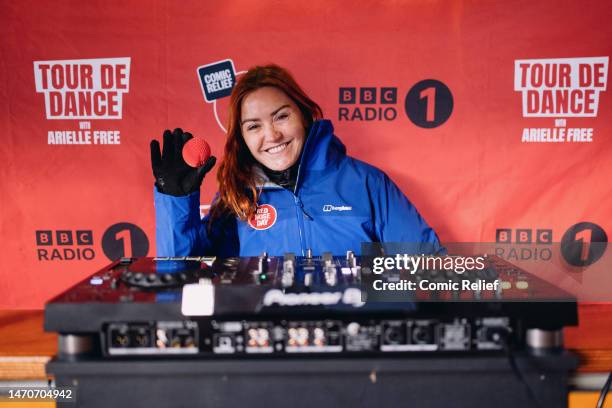 Radio presenter Arielle Free poses with the bike that she will be using in her Red Nose Day 2023 challenge, 'Tour De Dance' on March 1, 2023 in...