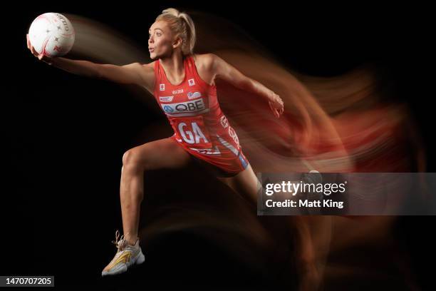 Helen Housby poses during the Swifts Super Netball 2023 headshots session at the Gold Coast Leisure Centre on February 22, 2023 in Gold Coast,...