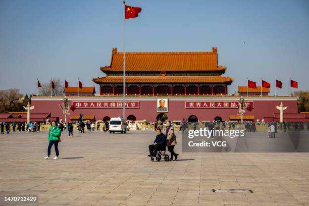 Chinese national flags flutter at Tian'anmen Square ahead of the annual two sessions on March 2, 2023 in Beijing, China. The first session of the...