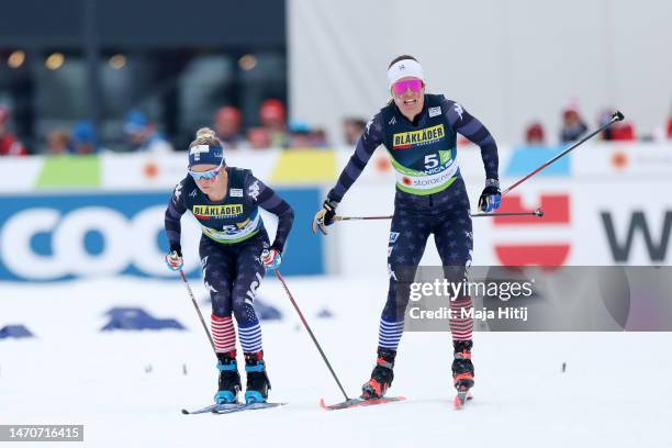 Jessie Diggins of Team United States changes over from Rosie Brennan of Team United States during the Cross-Country Women's 4x5km Relay Classic/Free...