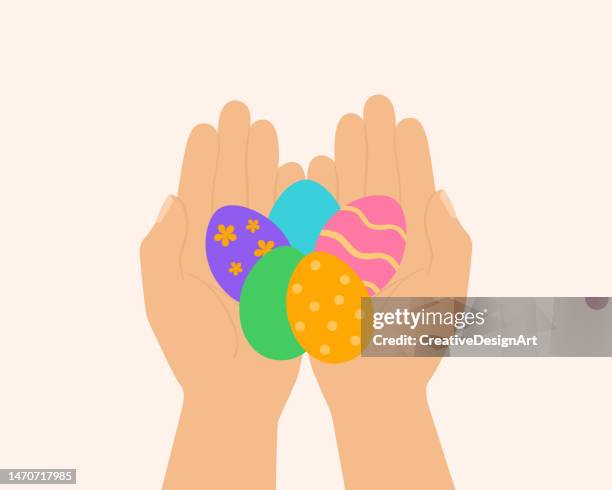hands holding colorful easter eggs - hands cupped stock illustrations