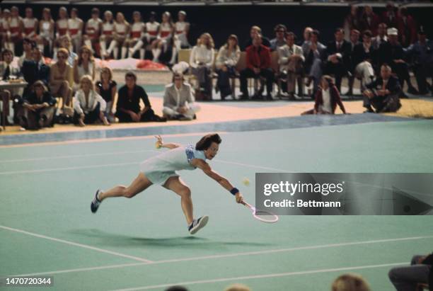 Tennis player Billie Jean King competing against retired pro Bobby Riggs in the 'Battle of the Sexes' match at the Houston Astrodome in Texas on...