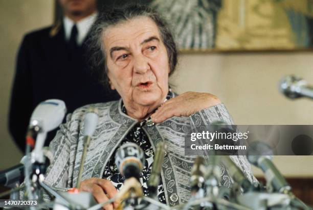 Prime Minister of Israel Golda Meir speaking at a press conference in Strasbourg, France, on October 2nd, 1973.