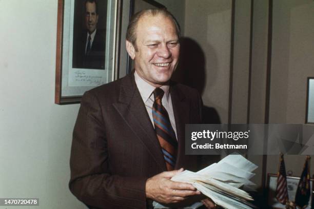 Republican House Minority Leader Gerald Ford in his office in Washington on October 23rd, 1973.