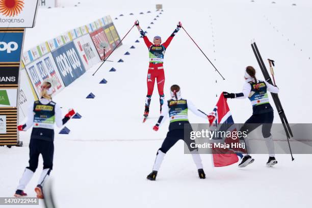 Gold medalists Anne Kjersti Kalvaa of Team Norway celebrates with teammates Ingvild Flugstad Oestberg, Astrid Oeyre Slind and Tiril Udnes Weng of...