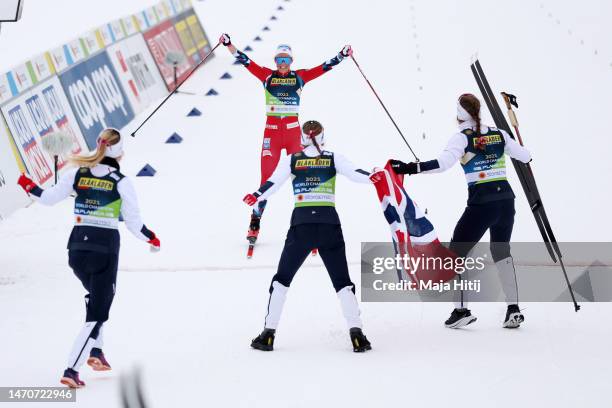 Gold medalists Anne Kjersti Kalvaa of Team Norway celebrates with teammates Ingvild Flugstad Oestberg, Astrid Oeyre Slind and Tiril Udnes Weng of...