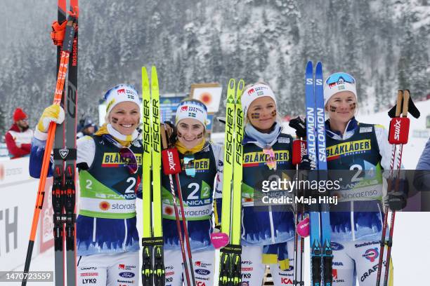 Bronze medalists Emma Ribom, Ebba Andersson, Frida Karlsson and Maja Dahlqvist of Team Sweden pose for a photo after the Cross-Country Women's 4x5km...