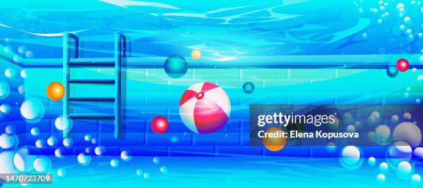 summer holiday concept in cartoon style. swimming pool underwater with beach ball and inflatable balls on a sunny summer day. - underwater pool background stock illustrations
