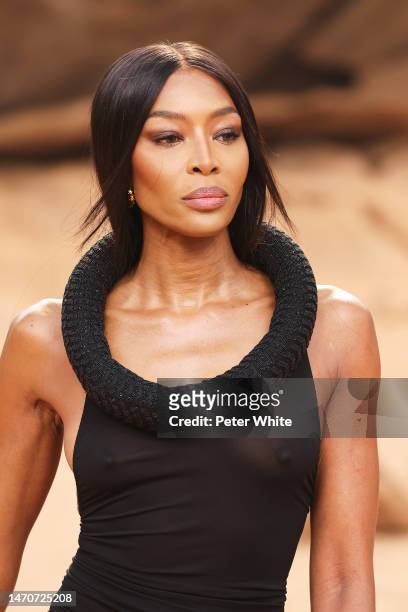 Naomi Campbell, beauty detail, walks the runway during the Off-White Womenswear Fall Winter 2023-2024 show as part of Paris Fashion Week on March 02,...