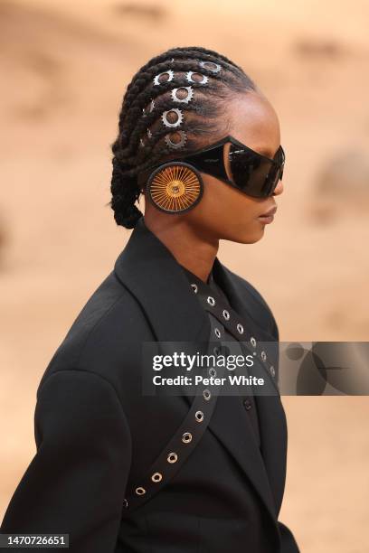 Model, beauty detail, walks the runway during the Off-White Womenswear Fall Winter 2023-2024 show as part of Paris Fashion Week on March 02, 2023 in...