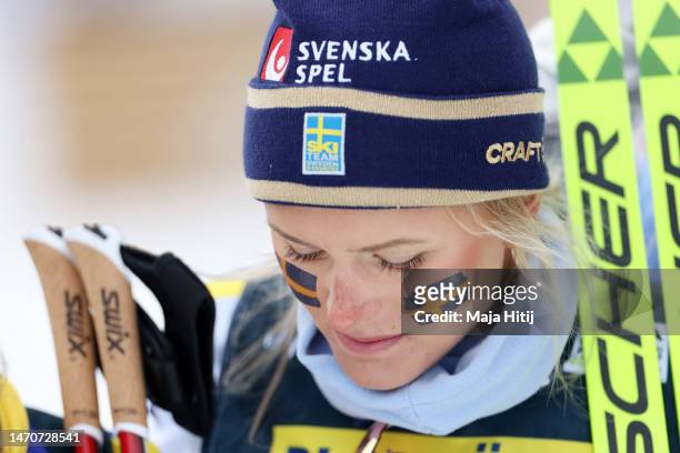 Bronze medalist Frida Karlsson of Team Sweden looks dejected after the victory ceremony for the Cross-Country Women's 4x5km Relay Classic/Free at the...