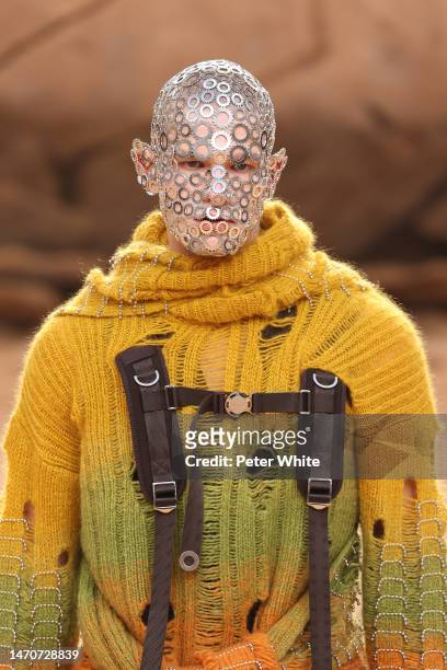 Model, beauty detail, walks the runway during the Off-White Womenswear Fall Winter 2023-2024 show as part of Paris Fashion Week on March 02, 2023 in...