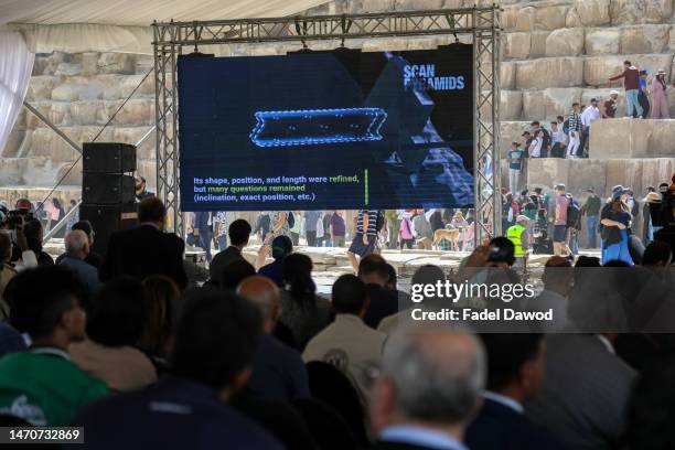 Screen image provided by the Egyptian Ministry of Tourism and Antiquities showing an image of a corridor in Khufu's pyramid, presented at a press...