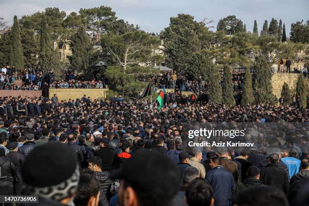 People attend the funeral of the Imam-jamaat of the mosque"Meshedi Dadash" Haji Shahin Hasanlion March 2, 2023 in Baku, Azerbaijan. Haji Shahin...