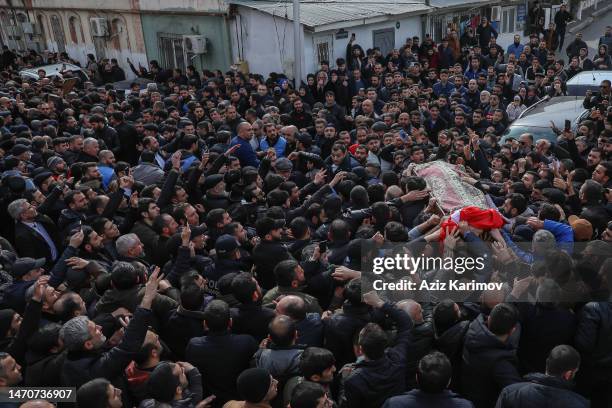 People attend the funeral of the Imam-jamaat of the mosque"Meshedi Dadash" Haji Shahin Hasanlion March 2, 2023 in Baku, Azerbaijan. Haji Shahin...