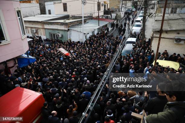 People attend the funeral of the Imam-jamaat of the mosque"Meshedi Dadash" Haji Shahin Hasanlion March 2, 2023 in Baku, Azerbaijan. Haji Shahin...