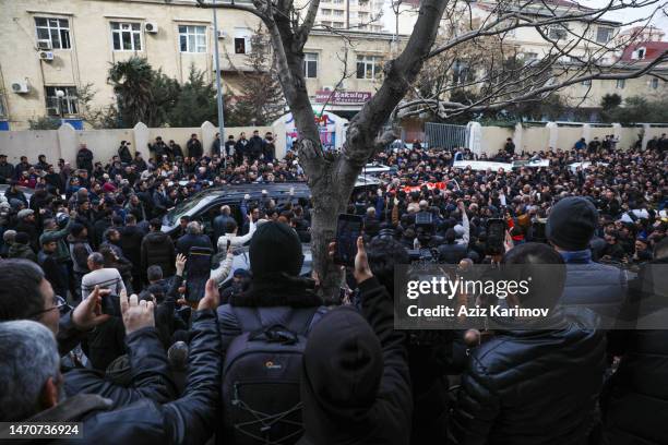 People attend the funeral of the Imam-jamaat of the mosque"Meshedi Dadash" Haji Shahin Hasanlion March 2, 2023 in Baku, Azerbaijan. Haji Shahin...