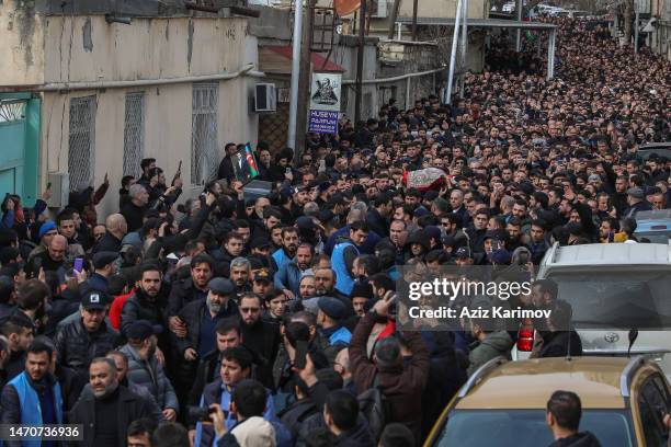 People attend the funeral of the Imam-jamaat of the mosque"Meshedi Dadash" Haji Shahin Hasanlion March 2, 2023 in Baku, Azerbaijan. Haji Shahin...