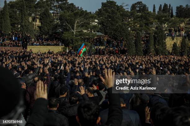 People attend the funeral of the Imam-jamaat of the mosque"Meshedi Dadash" Haji Shahin Hasanlion March 2, 2023 in Baku, Azerbaijan. Haji Shahin...