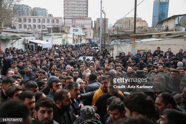 People attend the funeral of the Imam-jamaat of the mosque"Meshedi Dadash" Haji Shahin Hasanlion March 2, 2023 in Baku, Azerbaijan. Haji Shahin...