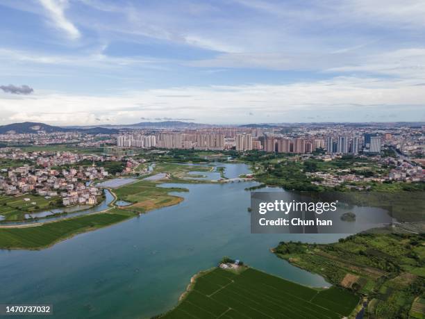 vista aerea del parco delle zone umide e della città vicino al fiume - lea foto e immagini stock