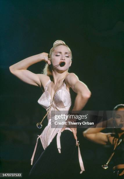 Madonna in concert in Tokyo, Japan. She wears the famous outfit designed by Jean-Paul Gaultier.