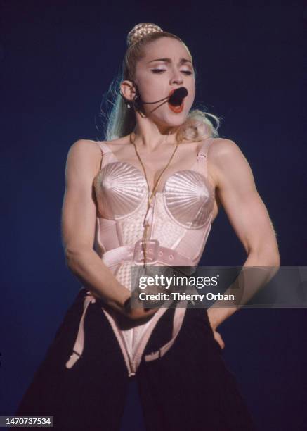 Madonna in concert in Tokyo, Japan. She wears the famous outfit designed by Jean-Paul Gaultier.