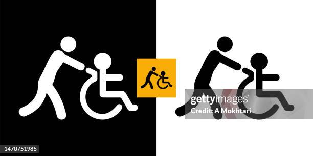 ilustraciones, imágenes clip art, dibujos animados e iconos de stock de ayudar a un discapacitado, icono de silla de ruedas. - símbolo internacional de accesibilidad