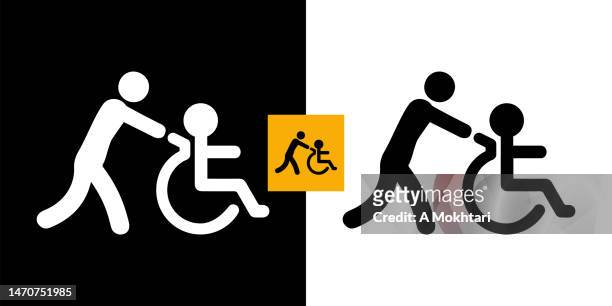 illustrations, cliparts, dessins animés et icônes de aider un handicapé, icône en fauteuil roulant. - handicap