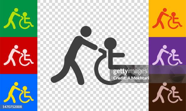 ilustraciones, imágenes clip art, dibujos animados e iconos de stock de ayudar a un conjunto de iconos de silla de ruedas para discapacitados. - símbolo internacional de accesibilidad