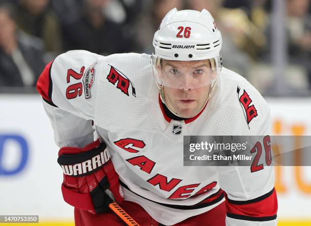 Paul Stastny of the Carolina Hurricanes waits for a faceoff in the third period of a game against the Vegas Golden Knights at T-Mobile Arena on March...