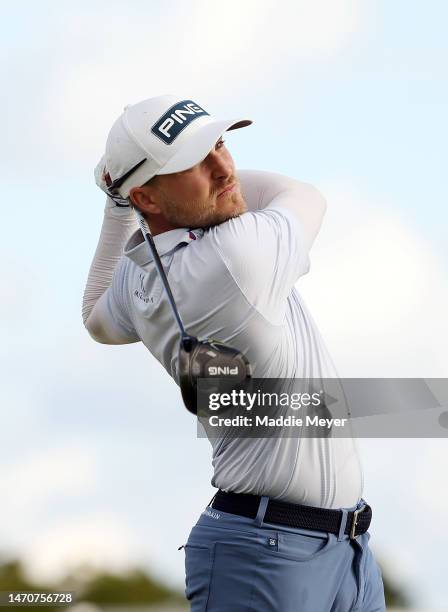 Austin Cook of the United States hits his first shot on the 1st hole during the first round of the Puerto Rico Open at Grand Reserve Golf Club on...