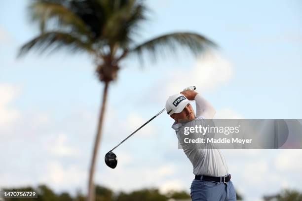 Austin Cook of the United States hits his first shot on the 1st hole during the first round of the Puerto Rico Open at Grand Reserve Golf Club on...