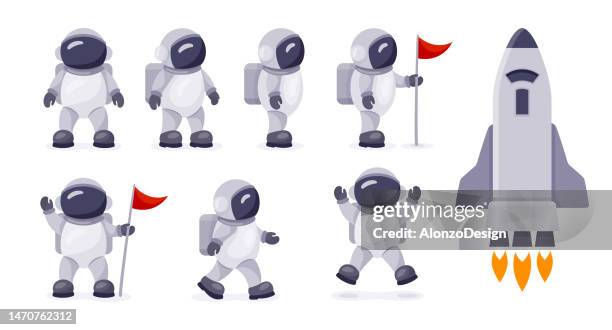 astronaut character set. cartoon spaceman. cosmonaut. - child in space suit stock illustrations