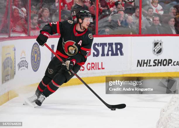 Thomas Chabot of the Ottawa Senators skates against the Detroit Red Wings at Canadian Tire Centre on February 28, 2023 in Ottawa, Ontario, Canada.