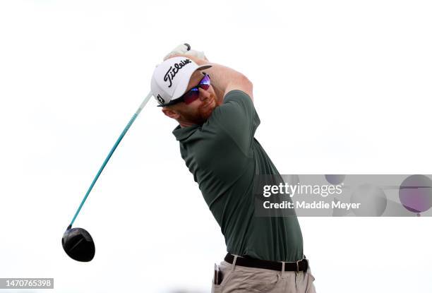 Anders Albertson of the United States hits his first shot on the 1st hole during the first round of the Puerto Rico Open at Grand Reserve Golf Club...