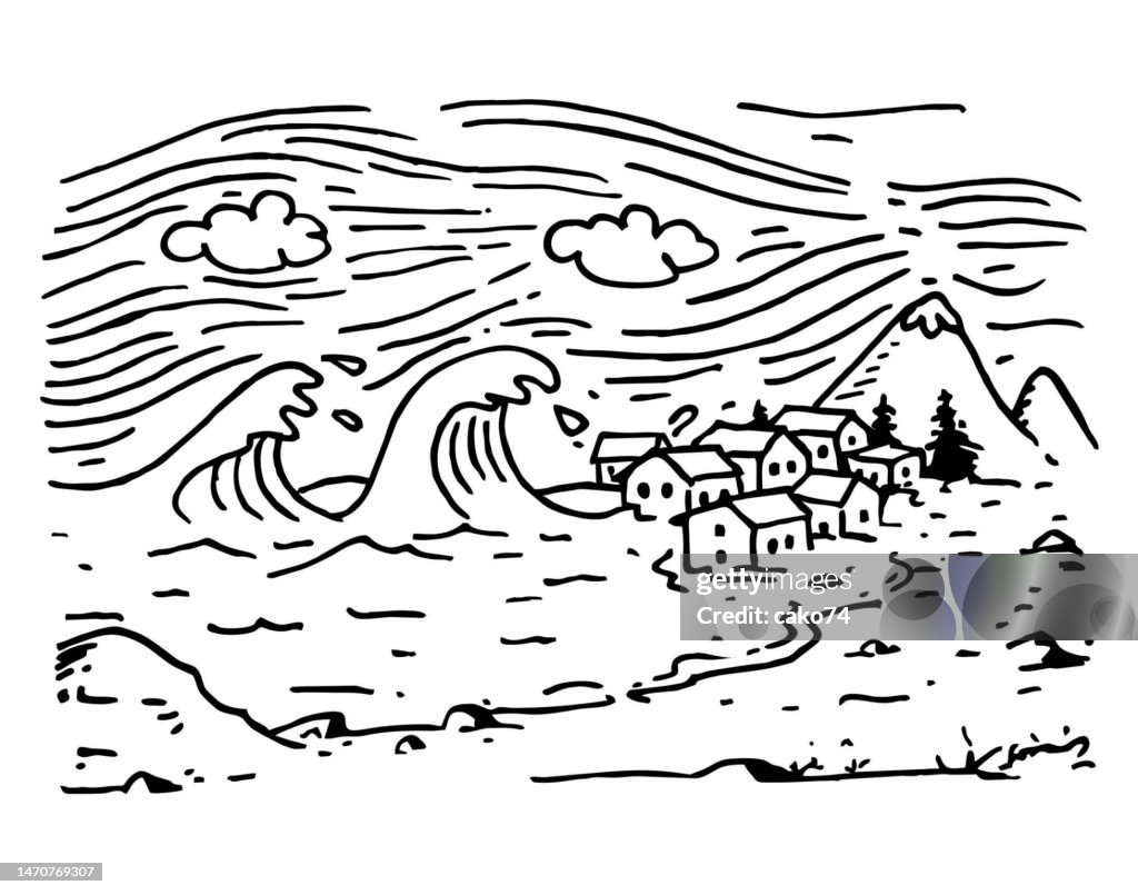 Hand drawn Tsunami vector illustration