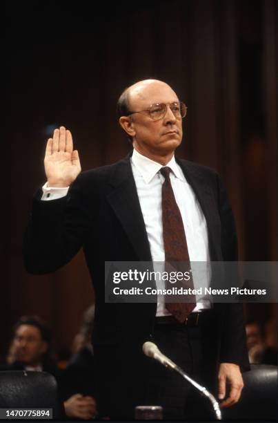 View of R James Woolsey Jr as he is sworn in to testify before the US Senate Select Committee on Intelligence on Capitol Hill, Washington DC,...