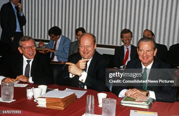 View of, fore, from left, White House Chief of Staff Howard Baker , Office of Management and Budget Director James C Miller III, and US Secretary of...