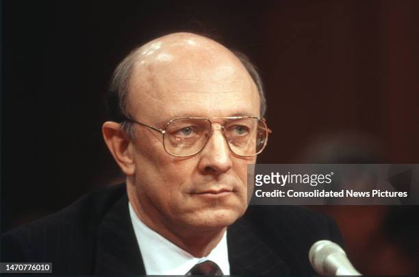 Close-up of R James Woolsey Jr as he testifies before the US Senate Select Committee on Intelligence on Capitol Hill, Washington DC, February 2,...