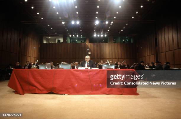 View of R James Woolsey Jr as he testifies before the US Senate Select Committee on Intelligence on Capitol Hill, Washington DC, February 2, 1993....
