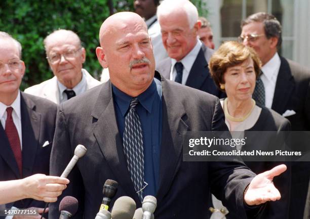 View of Minnesota Governor Jesse Ventura during a press conference at the White House, Washington DC, May 11, 2000. He had just participated in a...